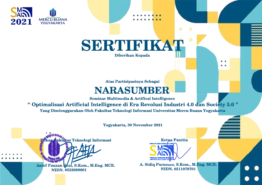 Sertifikat narasumber dengan logo SMAI dan universitas