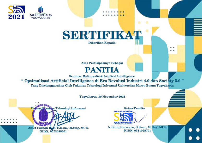 Sertifikat panitia acara SMAI dari FTI UMBY