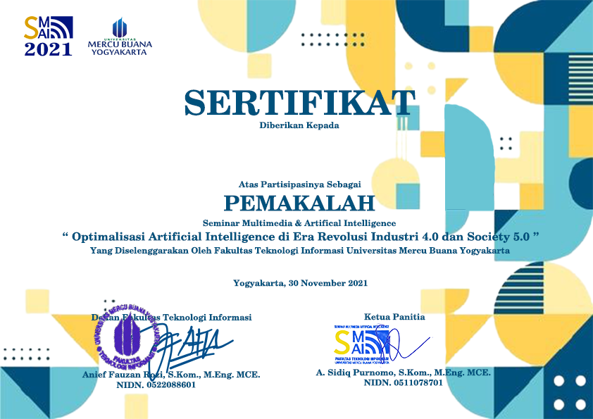 Sertifikat dengan status pemakalah dalam seminar teknologi
