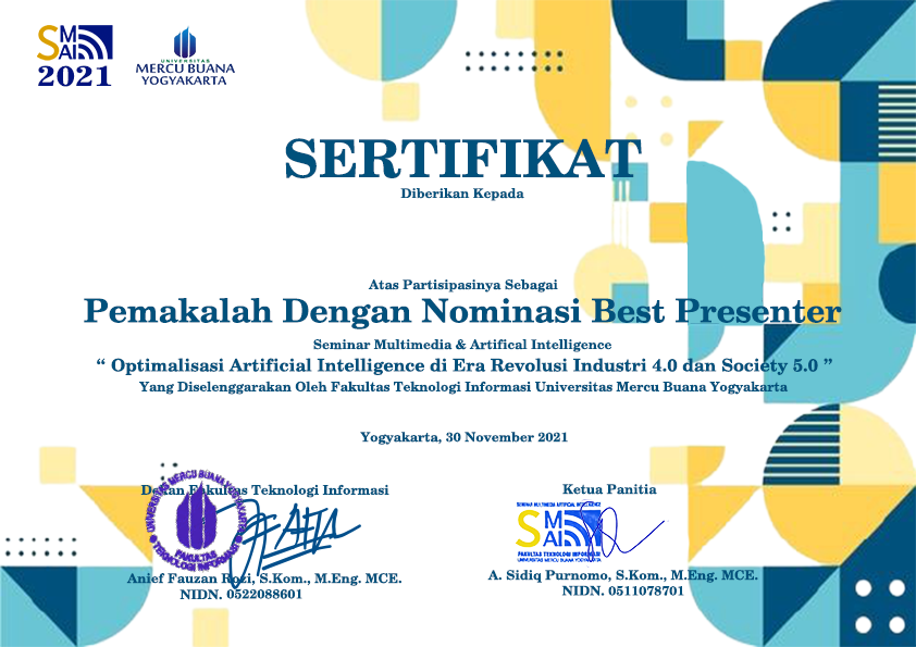 Desain sertifiPenghargaan pemakalah dengan nominasi Best Presenterkat seminar SMAI 2021
