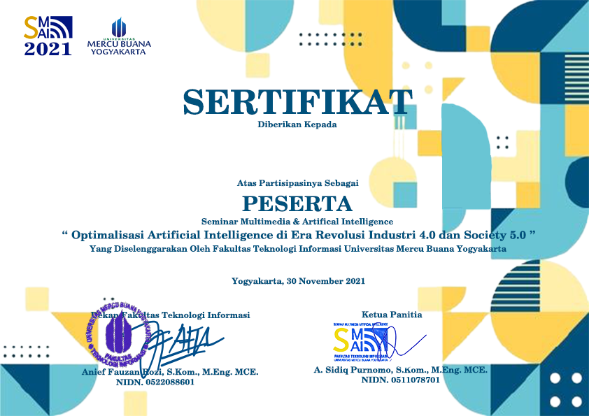 Tampilan sertifikat peserta dengan warna biru dan emas