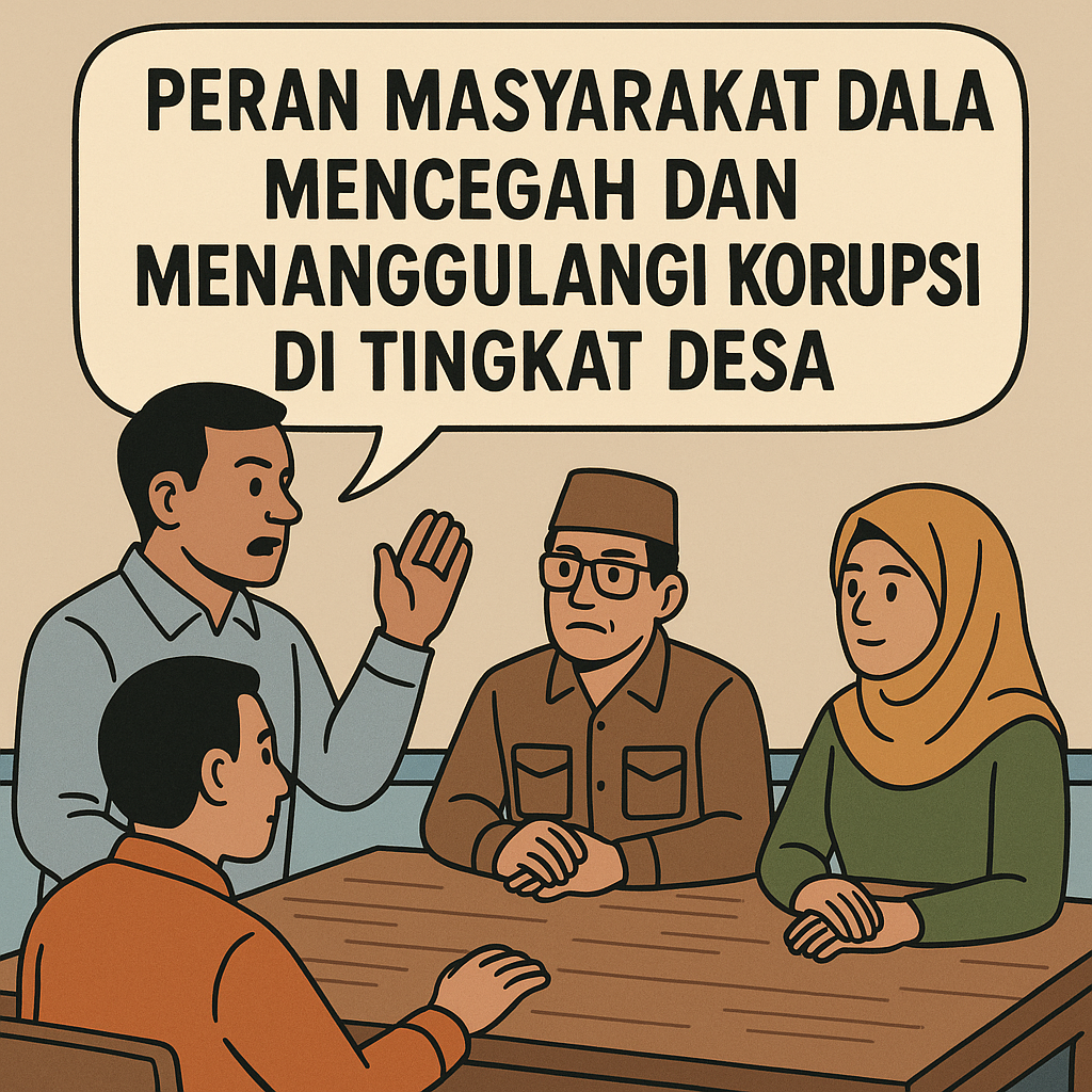 Ilustrasi peran masyarakat cegah korupsi di tingkat desa, empat warga duduk berdiskusi di meja membahas antikorupsi dengan teks besar sebagai ajakan.